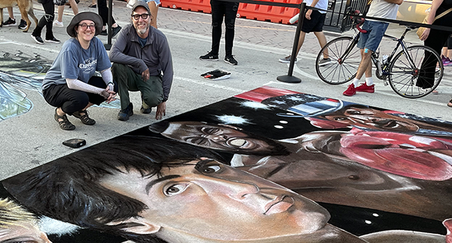 Posing with Chalk image of Sylvester Stallone as Rocky Balboa with Apollo Creed, Clubber Lang, and Ivan Drago